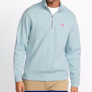 Tommy Bahama Light Blue Quarter-Zip Pullover with Pink Logo